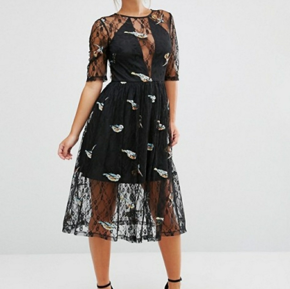 ASOS Petite Lace Midi Dress with Bird Embroidery